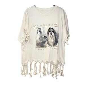 VTG Shih Tzu Best Friend Dog T-Shirt‎ Graphic with Handmade Fringe Distressing